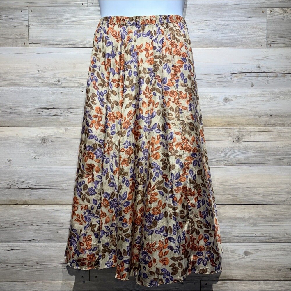 Sag Harbor 100% Silk Midi Skirt Full Gathered Elastic Waist Size Large Floral